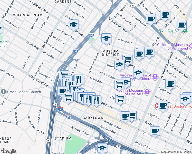 map of restaurants, bars, coffee shops, grocery stores, and more near 3448 Grove Avenue in Richmond