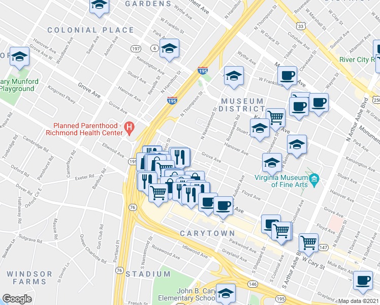 map of restaurants, bars, coffee shops, grocery stores, and more near 3513 Grove Avenue in Richmond