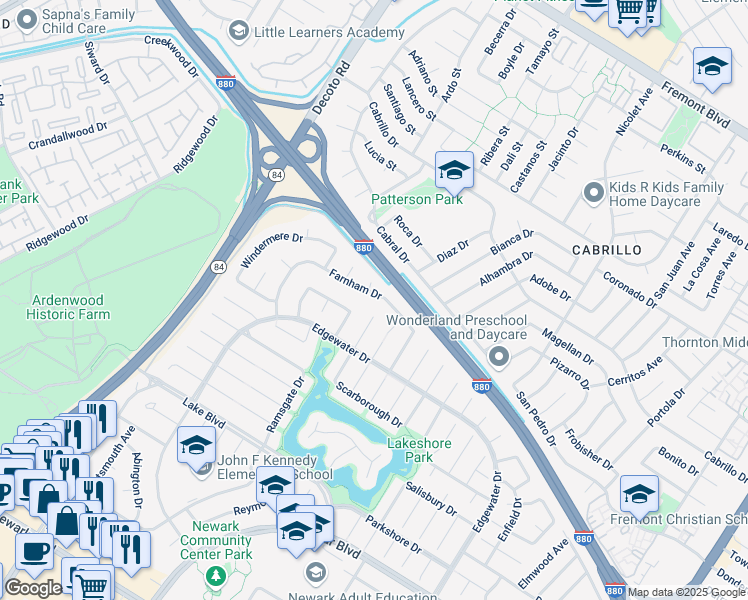 map of restaurants, bars, coffee shops, grocery stores, and more near 35515 Farnham Drive in Newark
