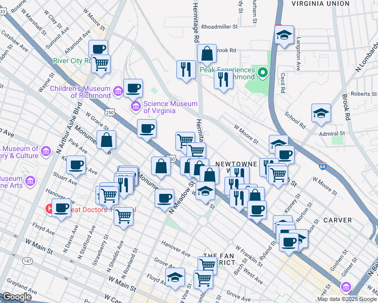 map of restaurants, bars, coffee shops, grocery stores, and more near 2099 West Marshall Street in Richmond