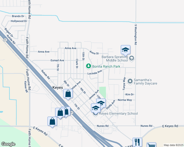 map of restaurants, bars, coffee shops, grocery stores, and more near 4607 Lucinda Avenue in Keyes