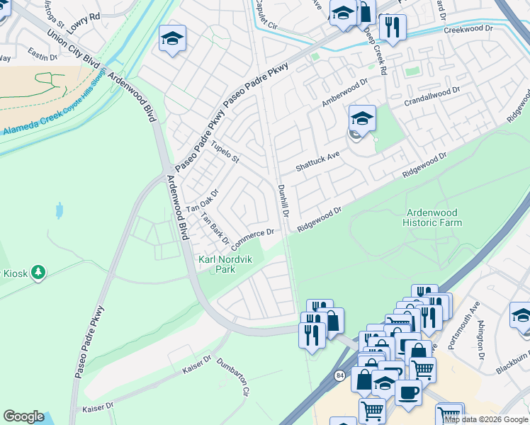map of restaurants, bars, coffee shops, grocery stores, and more near 34284 Eucalyptus Terrace in Fremont