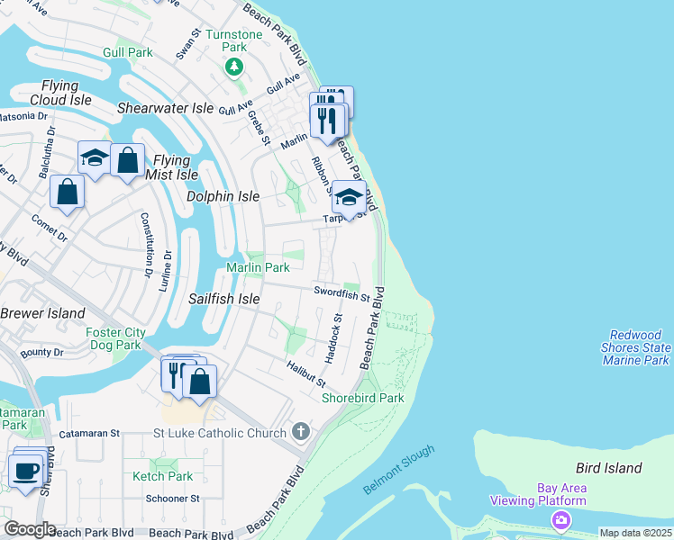 map of restaurants, bars, coffee shops, grocery stores, and more near 264 Bonita Lane in Foster City
