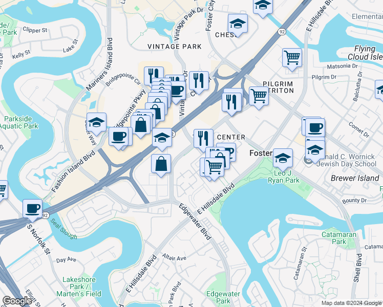 map of restaurants, bars, coffee shops, grocery stores, and more near 800 Metro Center Boulevard in Foster City