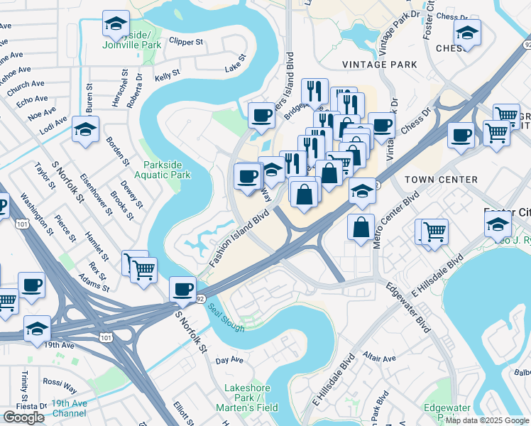 map of restaurants, bars, coffee shops, grocery stores, and more near 1832 Fashion Island Boulevard in San Mateo