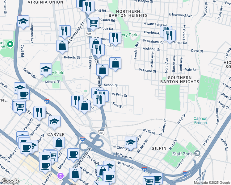 map of restaurants, bars, coffee shops, grocery stores, and more near 1700 Brookfield Street in Richmond