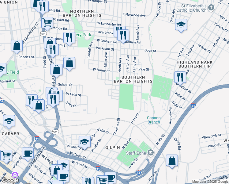 map of restaurants, bars, coffee shops, grocery stores, and more near 20 King Street in Richmond