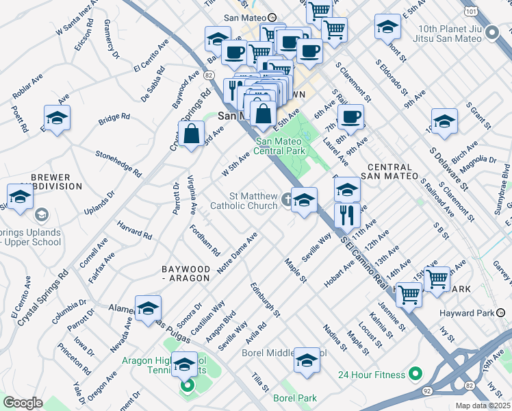 map of restaurants, bars, coffee shops, grocery stores, and more near 720 West Capistrano Way in San Mateo