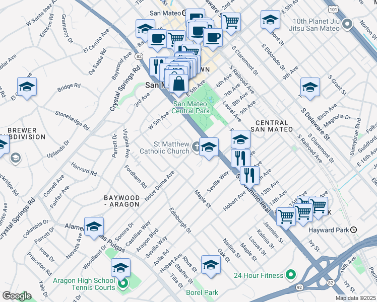 map of restaurants, bars, coffee shops, grocery stores, and more near 623 Capistrano Way in San Mateo