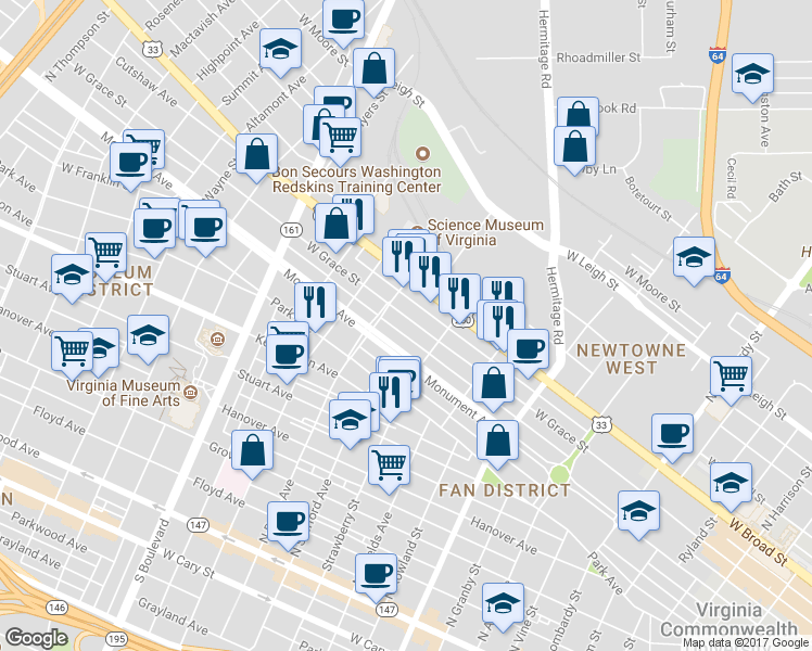 map of restaurants, bars, coffee shops, grocery stores, and more near 2327 West Grace Street in Richmond