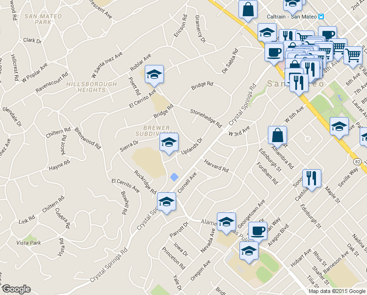 map of restaurants, bars, coffee shops, grocery stores, and more near 270 Uplands Drive in Hillsborough