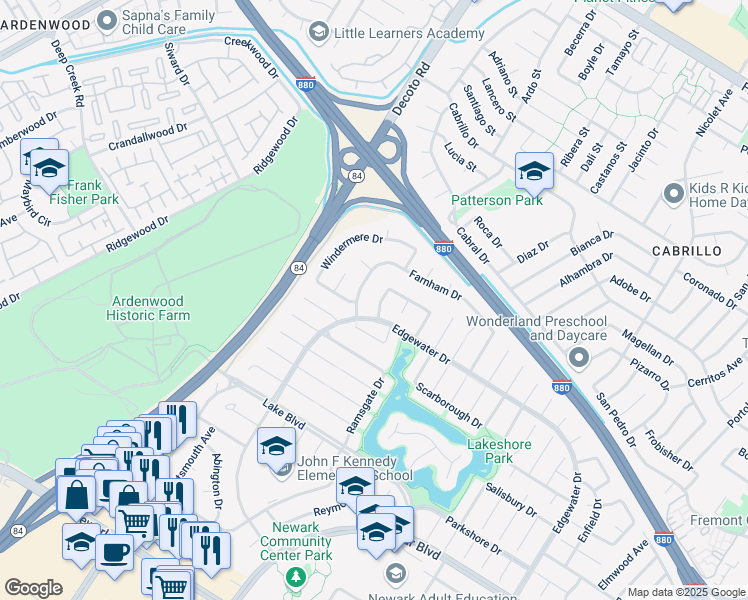 map of restaurants, bars, coffee shops, grocery stores, and more near 35230 Severn Drive in Newark