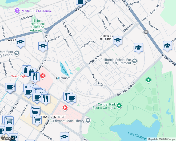 map of restaurants, bars, coffee shops, grocery stores, and more near 39059 Guardino Drive in Fremont