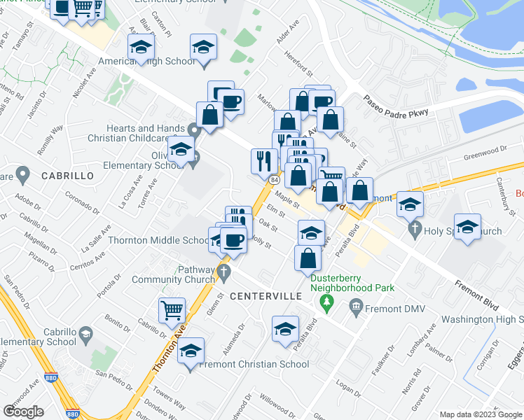 map of restaurants, bars, coffee shops, grocery stores, and more near 4164 Thornton Avenue in Fremont