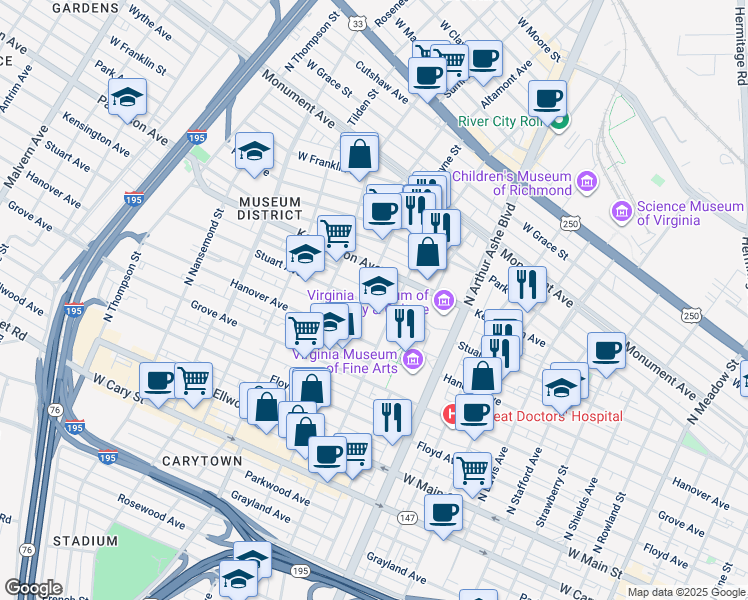 map of restaurants, bars, coffee shops, grocery stores, and more near 3018 Stuart Avenue in Richmond