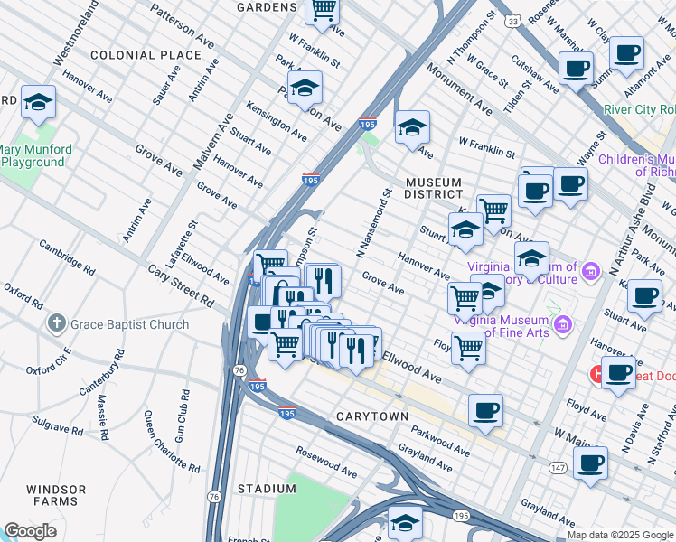 map of restaurants, bars, coffee shops, grocery stores, and more near 3515 Grove Ave in Richmond