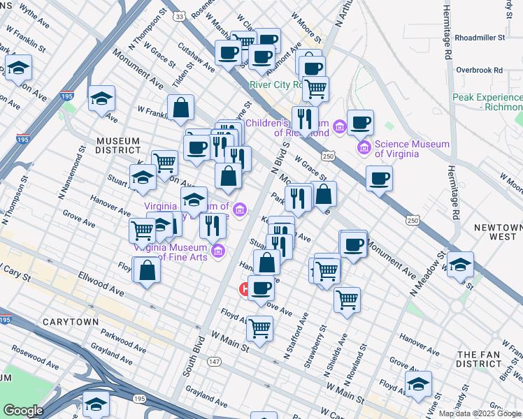 map of restaurants, bars, coffee shops, grocery stores, and more near 505 Virginia 161 in Richmond