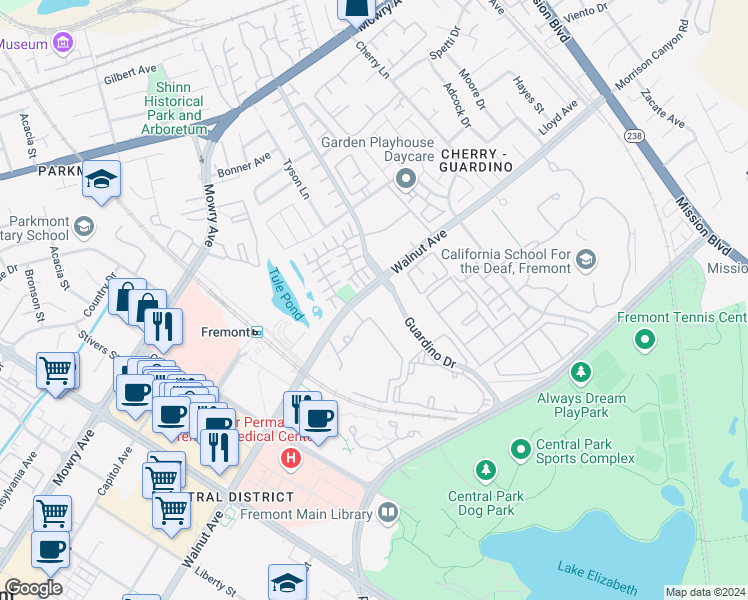 map of restaurants, bars, coffee shops, grocery stores, and more near 39059 Guardino Drive in Fremont
