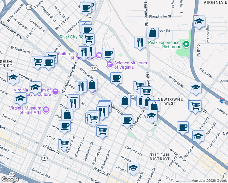 map of restaurants, bars, coffee shops, grocery stores, and more near 2287 West Broad Street in Richmond