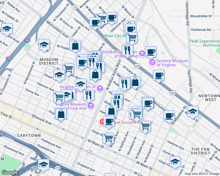 map of restaurants, bars, coffee shops, grocery stores, and more near 505 North Arthur Ashe Boulevard in Richmond