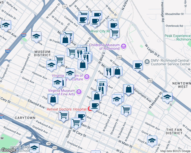map of restaurants, bars, coffee shops, grocery stores, and more near 505 North Arthur Ashe Boulevard in Richmond
