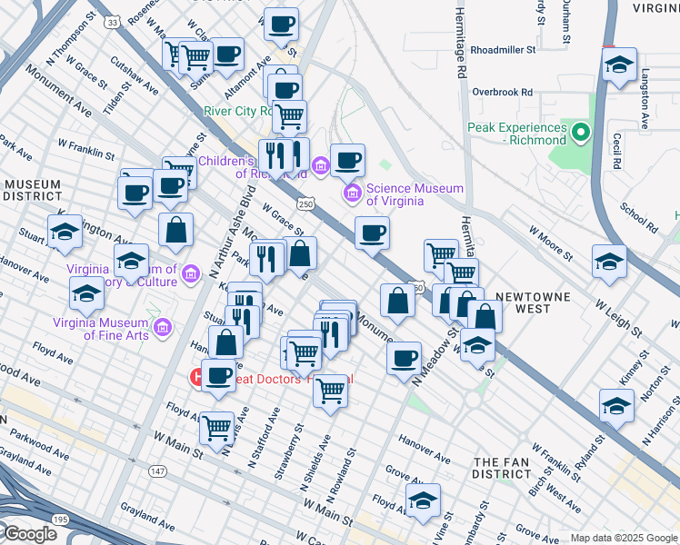 map of restaurants, bars, coffee shops, grocery stores, and more near 2331 West Grace Street in Richmond