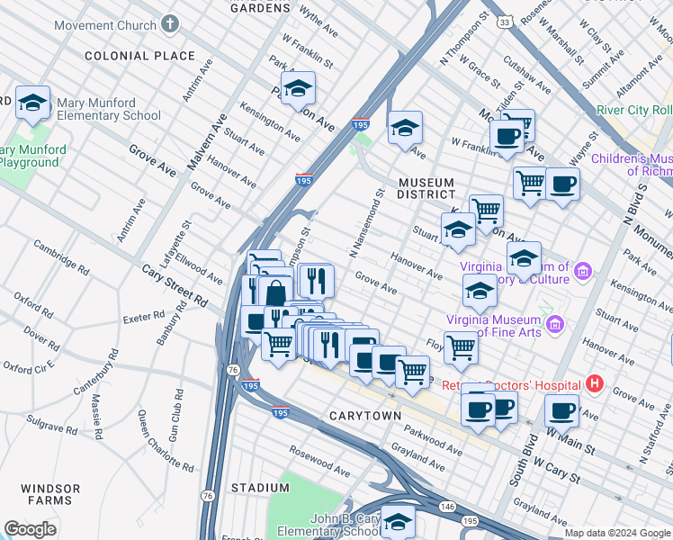 map of restaurants, bars, coffee shops, grocery stores, and more near 3509 Grove Avenue in Richmond