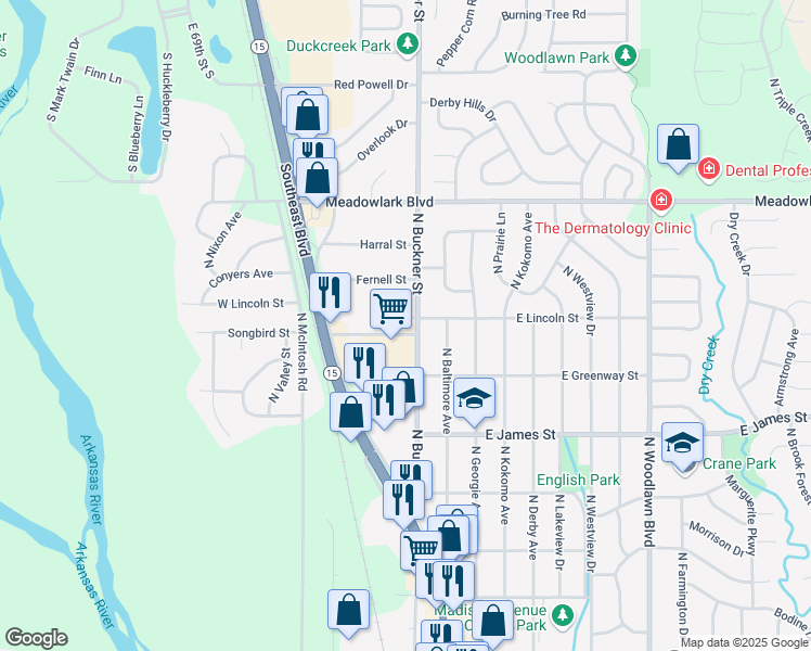 map of restaurants, bars, coffee shops, grocery stores, and more near 1257 North Buckner Street in Derby