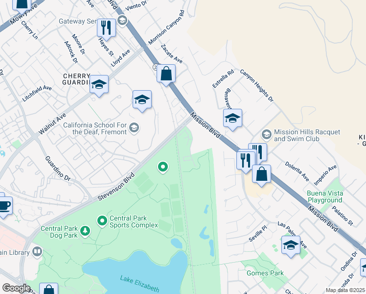 map of restaurants, bars, coffee shops, grocery stores, and more near 39579 Stevenson Place in Fremont