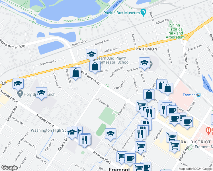 map of restaurants, bars, coffee shops, grocery stores, and more near 38228 Paseo Padre Parkway in Fremont