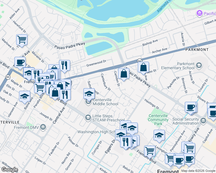 map of restaurants, bars, coffee shops, grocery stores, and more near 37659 Canterbury Street in Fremont