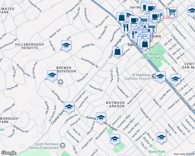 map of restaurants, bars, coffee shops, grocery stores, and more near 209 Amherst Avenue in San Mateo