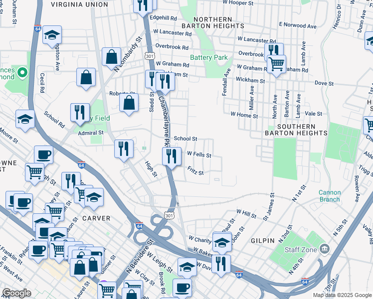 map of restaurants, bars, coffee shops, grocery stores, and more near 1700 Brookfield Street in Richmond