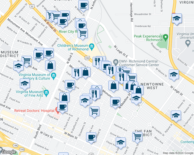 map of restaurants, bars, coffee shops, grocery stores, and more near 2323 West Grace Street in Richmond