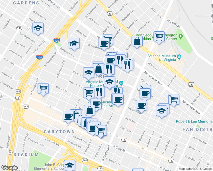 map of restaurants, bars, coffee shops, grocery stores, and more near 3018 Stuart Avenue in Richmond