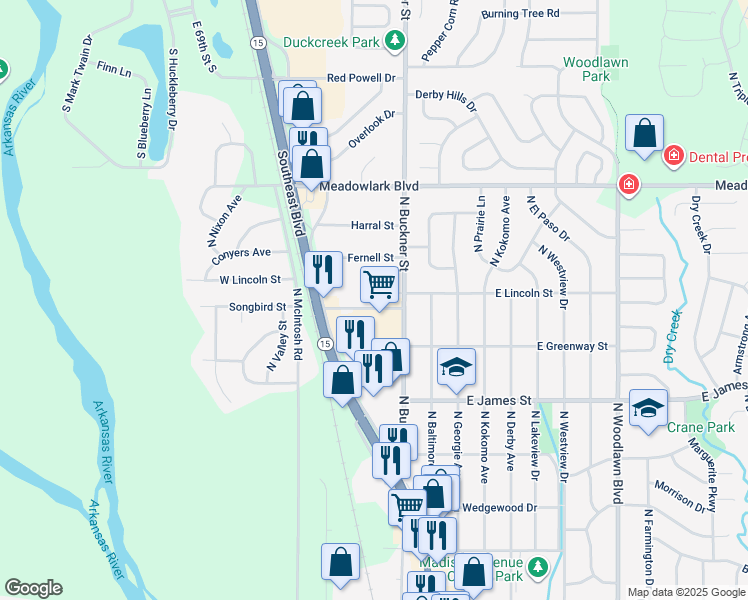 map of restaurants, bars, coffee shops, grocery stores, and more near 1257 North Buckner Street in Derby