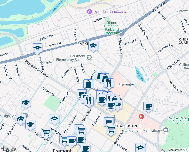 map of restaurants, bars, coffee shops, grocery stores, and more near 2146 Country Drive in Fremont