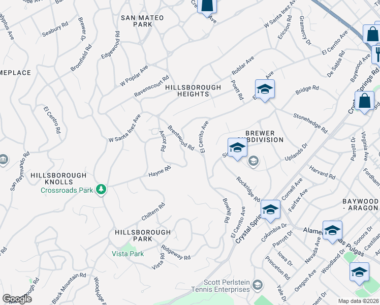 map of restaurants, bars, coffee shops, grocery stores, and more near 255 Brentwood Road in Hillsborough