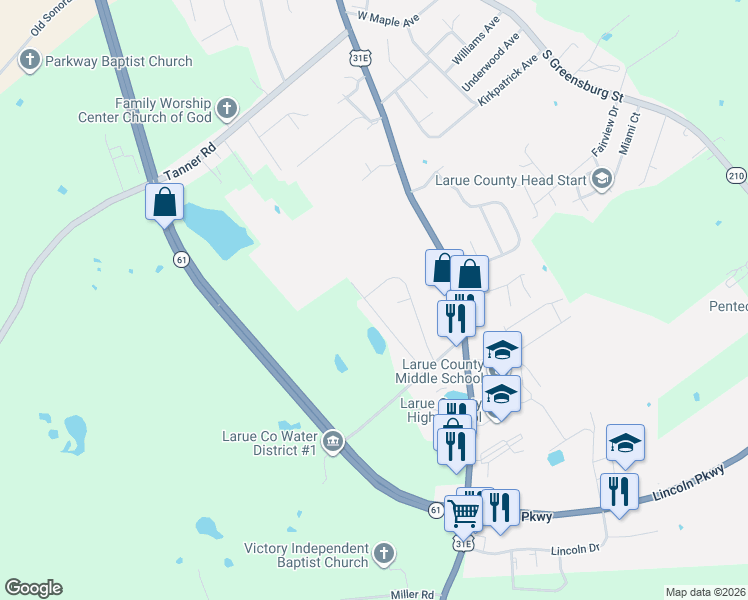 map of restaurants, bars, coffee shops, grocery stores, and more near 134 Wood Lane in Hodgenville
