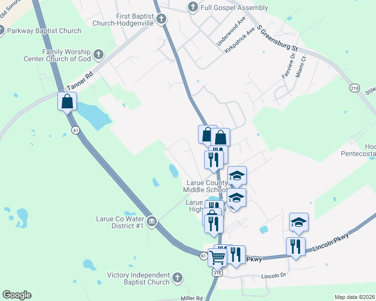 map of restaurants, bars, coffee shops, grocery stores, and more near 124 Wood Lane in Hodgenville