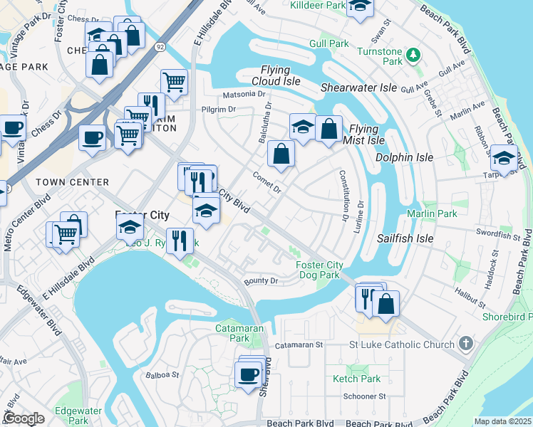 map of restaurants, bars, coffee shops, grocery stores, and more near 779 Foster City Blvd in Foster City