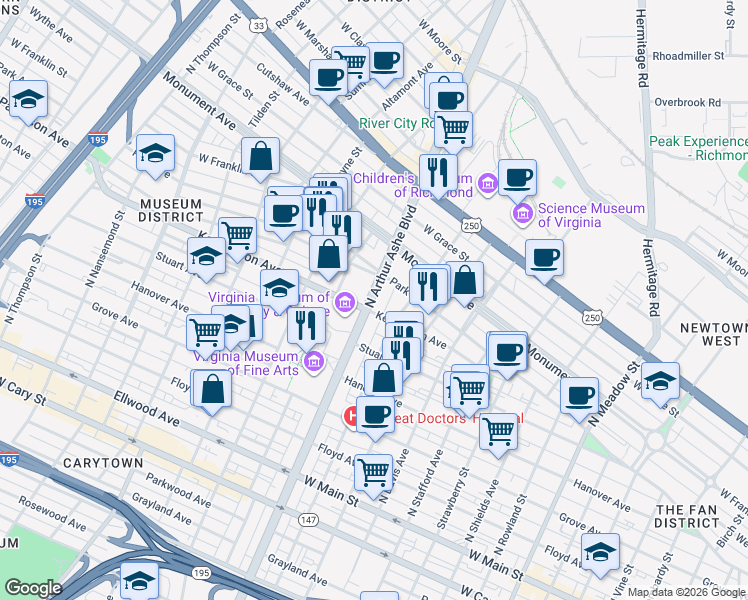 map of restaurants, bars, coffee shops, grocery stores, and more near 505 Virginia 161 in Richmond