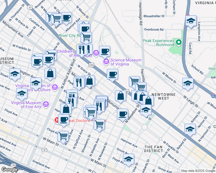 map of restaurants, bars, coffee shops, grocery stores, and more near 2320 West Grace Street in Richmond