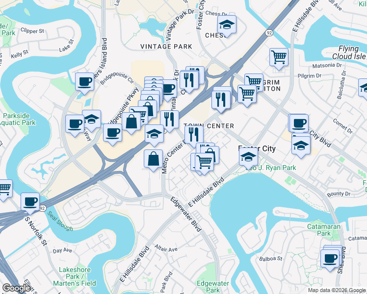 map of restaurants, bars, coffee shops, grocery stores, and more near 801 Metro Center Boulevard in Foster City