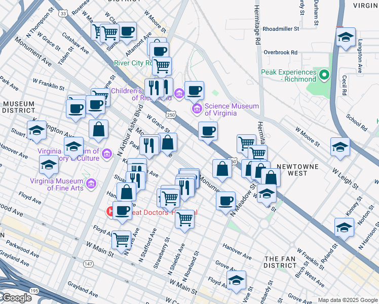 map of restaurants, bars, coffee shops, grocery stores, and more near 2331 West Grace Street in Richmond