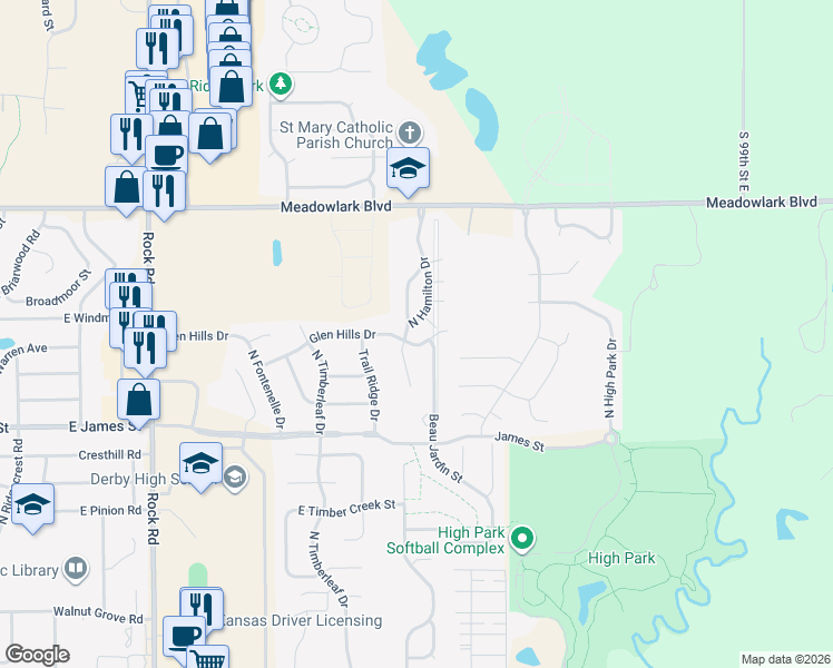 map of restaurants, bars, coffee shops, grocery stores, and more near North Hamilton Drive in Derby