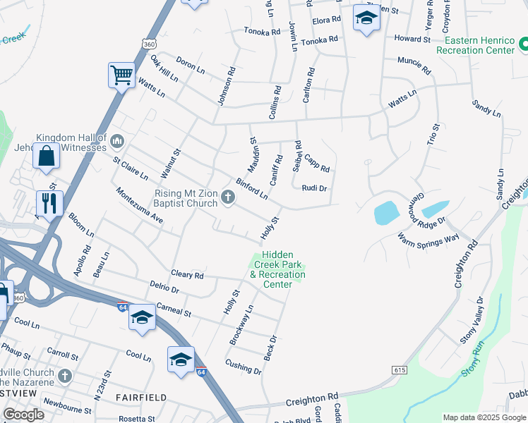 map of restaurants, bars, coffee shops, grocery stores, and more near 2156 Elkridge Lane in Richmond