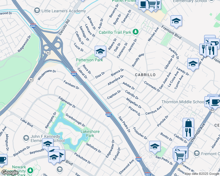 map of restaurants, bars, coffee shops, grocery stores, and more near 35856 Adobe Drive in Fremont
