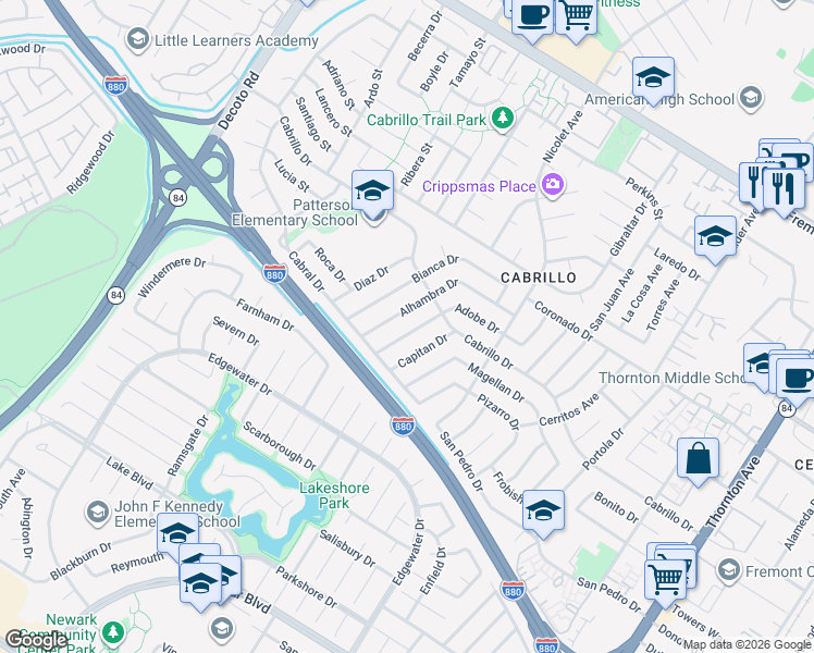 map of restaurants, bars, coffee shops, grocery stores, and more near 35856 Adobe Drive in Fremont