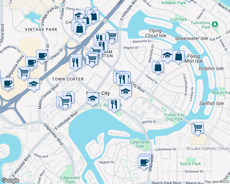 map of restaurants, bars, coffee shops, grocery stores, and more near 769 Eppleton Lane in Foster City